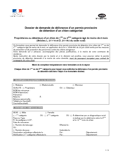 Aperçu Formulaire Cerfa No 13997-01 : Demande de délivrance d'un permis provisoire de détention de chien catégorisé