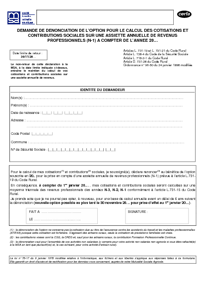 Aperçu Formulaire Cerfa No 12481-03 : Demande de dénonciation de l'option pour le calcul des cotisations et contributions sociales sur une assiette annuelle de revenus professionnels