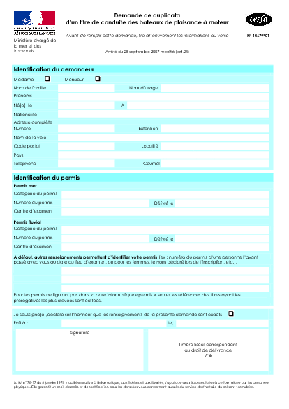 Aperçu Formulaire Cerfa No 14679-01 : Demande de duplicata d'un titre de conduite des bateaux de plaisance à moteur