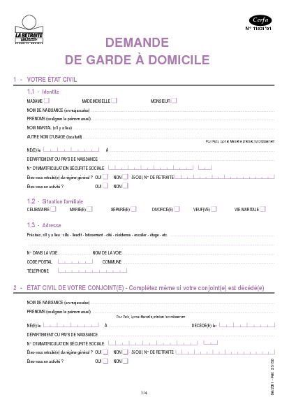 Aperçu Formulaire Cerfa No 11831-01 : Demande de garde à domicile