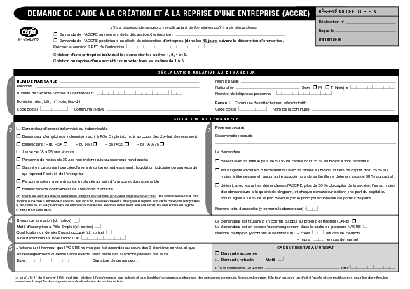 Aperçu Formulaire Cerfa No 13584-02 : Demande de l'aide à la création et à la reprise d'une entreprise (ACCRE)