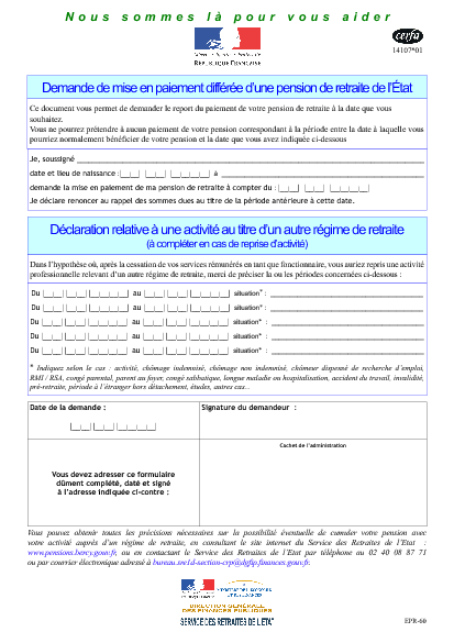 Aperçu Formulaire Cerfa No 14107-01 : Demande de mise en paiement différée d'une pension de retraite de l'État