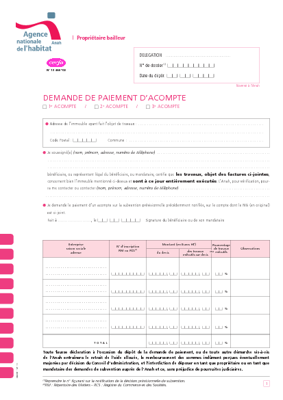 Aperçu Formulaire Cerfa No 13466-02 : Demande de paiement d'acompte - Propriétaires bailleurs