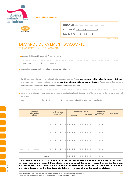 Aperçu Formulaire Cerfa No 13467-01 : Demande de paiement d'acompte / Propriétaires occupants