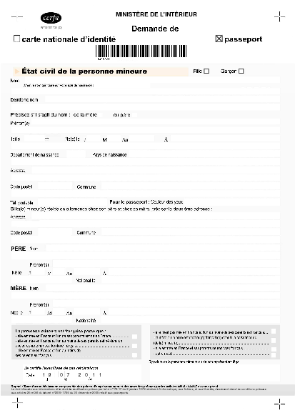 Aperçu Formulaire Cerfa No 12101-02 : Demande de passeport pour un mineur