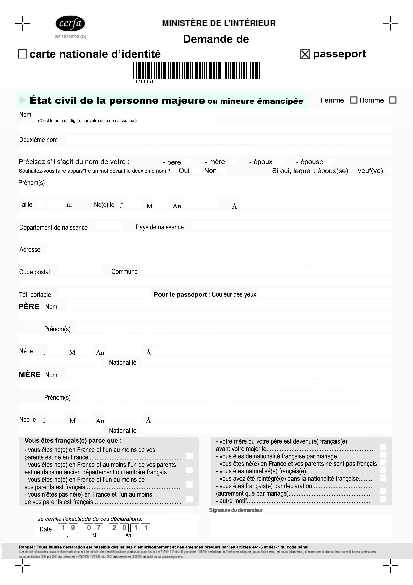 Aperçu Formulaire Cerfa No 12100-02 : Demande de passeport pour une personne majeure