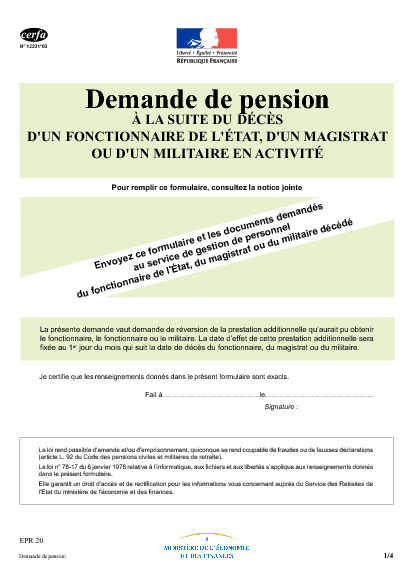 Aperçu Formulaire Cerfa No 12231-03 : Demande de pension à la suite du décès d'un fonctionnaire de l'état, d'un magistrat ou d'un militaire en activité