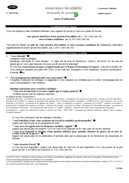 Aperçu Formulaire Cerfa No 11174-02 : Demande de pension d'invalidité