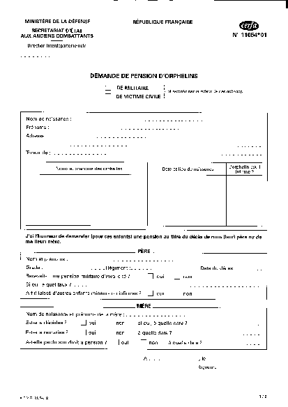 Aperçu Formulaire Cerfa No 1054-01 : Demande de pension d'orphelins de militaire ou de victime civile