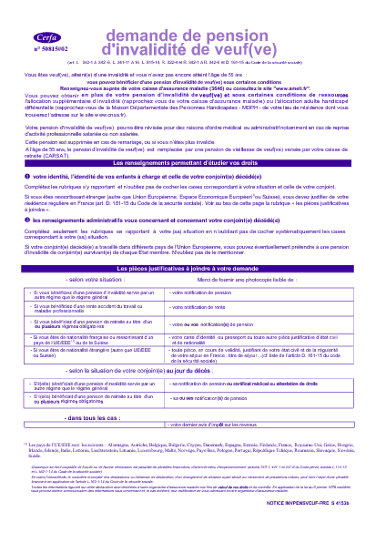 Prévisualisation - Cliquez pour télécharger Aperçu Formulaire Cerfa No 11791-02 : Demande de pension de veuf(ve), assurance invalidité