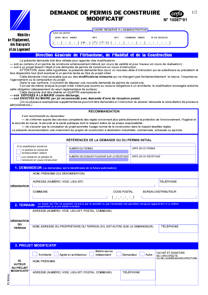 Aperçu Formulaire Cerfa No 10087-01 : Demande de permis de construire modificatif