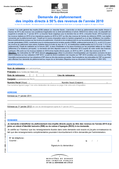 Aperçu Formulaire Cerfa No 12774-06 : Demande de plafonnement des impôts directs à 50% des revenus
