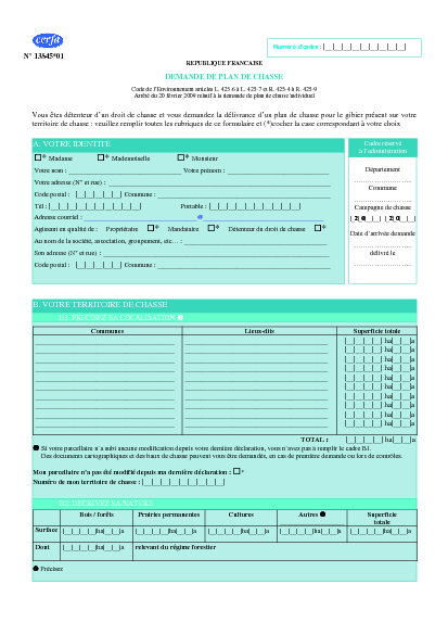 Aperçu Formulaire Cerfa No 13845-01 : Demande de plan de chasse