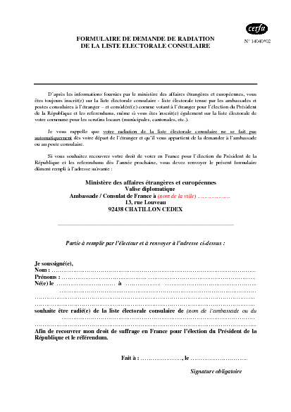 Aperçu Formulaire Cerfa No 14040-02 : Demande de radiation de la liste électorale consulaire