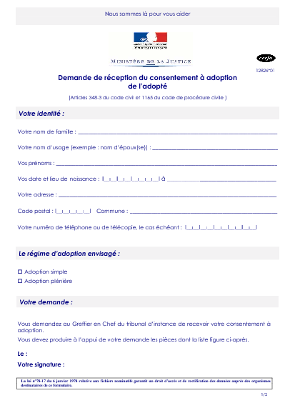 Aperçu Formulaire Cerfa No 12826-01 : Demande de réception du consentement à adoption de l'adopté