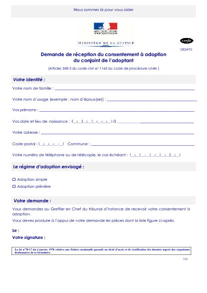 Aperçu Formulaire Cerfa No 12824-01 : Demande de réception du consentement a adoption du conjoint de l'adoptant