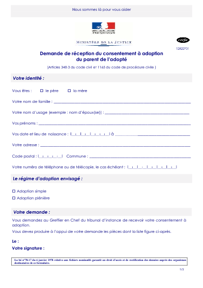 Aperçu Formulaire Cerfa No 12822-01 : Demande de réception du consentement à adoption du parent de l'adopté