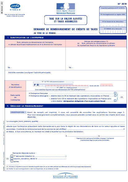 Aperçu Formulaire Cerfa No 11255-13 : Demande de remboursement de crédits de taxes (TVA et Taxes assimilées) Imprimé 3519