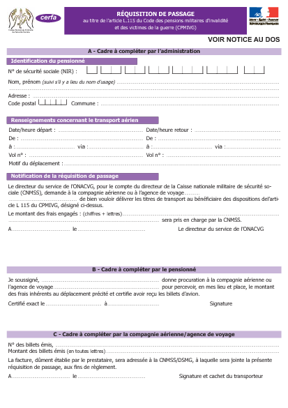 Aperçu Formulaire Cerfa No 14611-02 : Demande de réquisition de passage - article L115 du Code des pensions militaires d'invalidité et des victimes de guerre