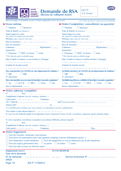Aperçu Formulaire Cerfa No 13880-04 : Demande de RSA (revenu de solidarité active)