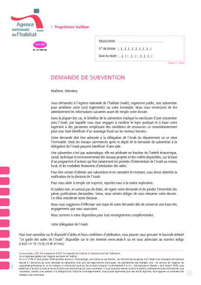 Aperçu Formulaire Cerfa No 12709-05 : Demande de subvention ANAH