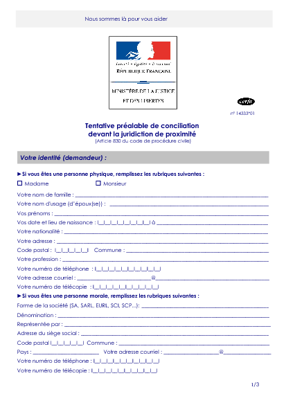 Aperçu Formulaire Cerfa No 14333-01 : Demande de tentative préalable de conciliation devant le juge de proximité