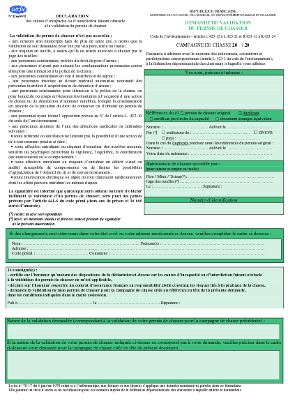 Aperçu Formulaire Cerfa No 12660-02 : Demande de validation du permis de chasser