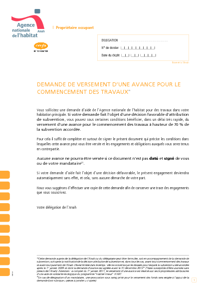 Aperçu Formulaire Cerfa No 13934-03 : Demande de versement d'une avance de l'Anah pour le commencement des travaux - Propriétaire occupant