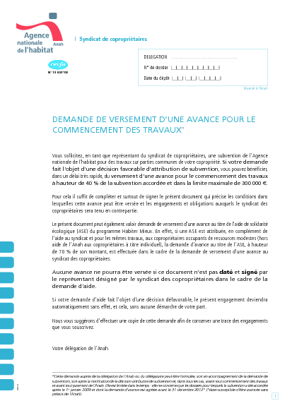 Aperçu Formulaire Cerfa No 13933-04 : Demande de versement d'une avance de l'Anah pour le commencement des travaux - Syndicat de copropriétaires