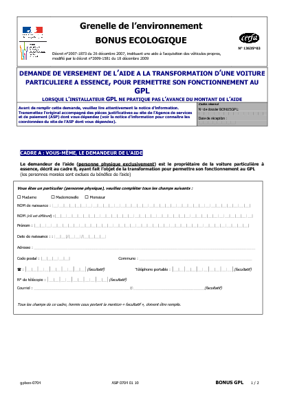 Aperçu Formulaire Cerfa No 13635-03 : Demande de versement de l'aide à la transformation d'un véhicule particulier à essence, pour permettre son fonctionnement au GPL