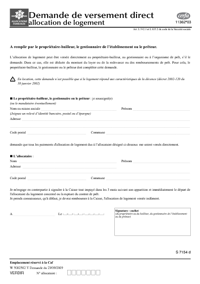 Aperçu Formulaire Cerfa No 11362-03 : Demande de versement direct (allocation logement)