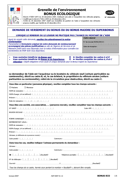 Aperçu Formulaire Cerfa No 13621-08 : Demande de versement du bonus et du superbonus lorsque le vendeur ou le loueur ne pratique pas l'avance du montant de l'aide