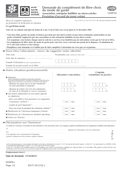 Aperçu Formulaire Cerfa No 12399-03 : Demande du complément de libre choix du mode de garde (association, entreprise habilitée ou micro-crèche) prestation d'accueil du jeune enfant