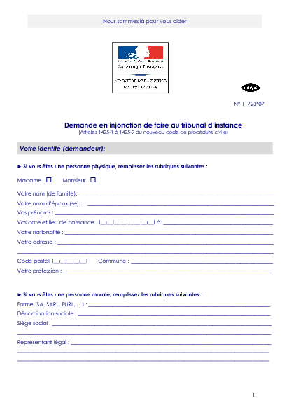 Aperçu Formulaire Cerfa No 11723-08 : Demande en injonction de faire au tribunal d'instance