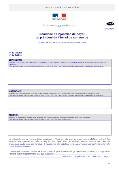 Aperçu Formulaire Cerfa No 12946-01 : Demande en injonction de payer au président du tribunal de commerce