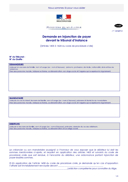 Aperçu Formulaire Cerfa No 12948-03 : Demande en injonction de payer devant le tribunal dinstance