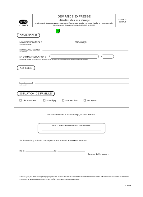 Aperçu Formulaire Cerfa No 12046-01 : Demande expresse - Utilisation d'un nom d'usage