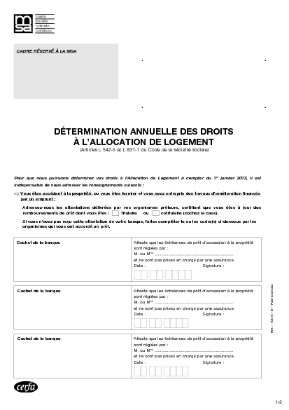 Aperçu Formulaire Cerfa No 10757-14 : Détermination annuelle des droits à l'allocation de logement (allocataires de la MSA)