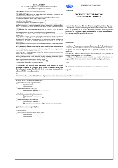 Aperçu Formulaire Cerfa No 10803-04 : Document de validation du permis de chasser