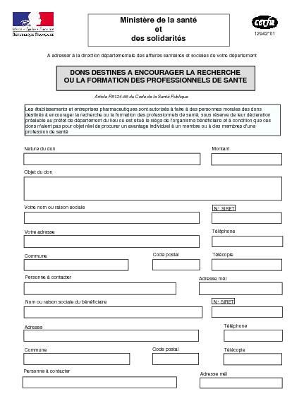 Aperçu Formulaire Cerfa No 12942-01 : Dons destinés à encourager la recherche ou la formation des professionnels de santé