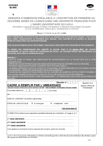 Aperçu Formulaire Cerfa No 11443-12 : Dossier blanc : demande préalable à une inscription en première ou deuxième année de licence dans une université française