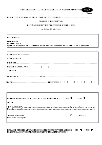 Aperçu Formulaire Cerfa No 12394-01 : Dossier d'inscription au diplôme d'État de professeur de musique