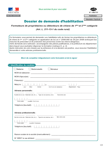 Aperçu Formulaire Cerfa No 13927-01 : Dossier de demande d'habilitation - Formateur de propriétaire et détenteur de chien - Attestation d'aptitude