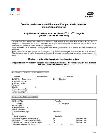 Aperçu Formulaire Cerfa No 13996-01 : Dossier de demande de permis de détention d'un chien catégorisé