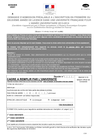 Aperçu Formulaire Cerfa No 11126-13 : Dossier vert : demande préalable à l'inscription en première ou deuxième année de licence