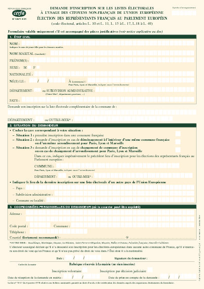 Aperçu Formulaire Cerfa No 12671-01 : Élections européennes : demande d'inscription pour les citoyens européens