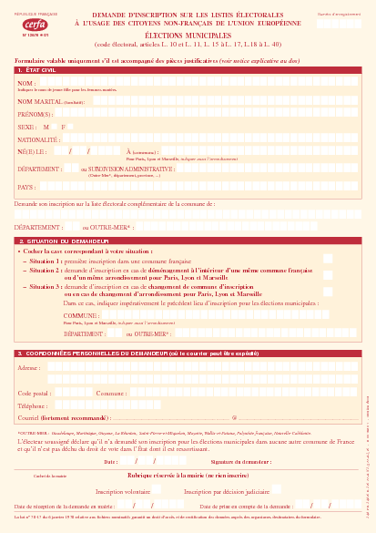 Aperçu Formulaire Cerfa No 12670-01 : Élections municipales : demande d'inscription pour les citoyens européens