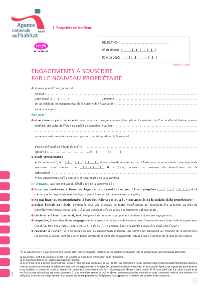 Aperçu Formulaire Cerfa No 13464-03 : Engagements à souscrire par le nouveau propriétaire - Propriétaire bailleur