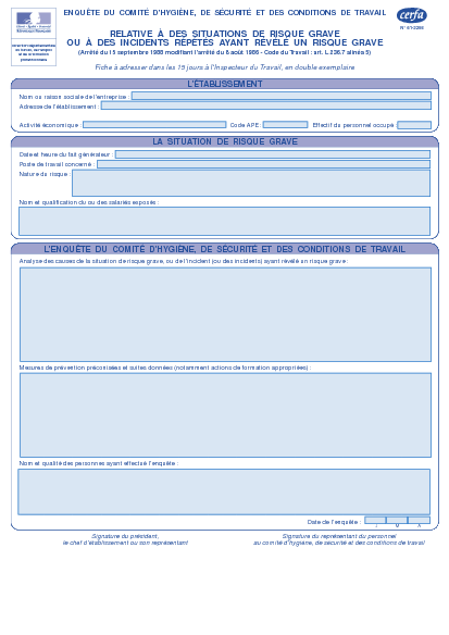 Aperçu Formulaire Cerfa No 12766-01 : Enquête du comité d'hygiène, de sécurité et des conditions de travail relative à des situations de risque grave ou à des incidents répétés ayant révélé un risque grave