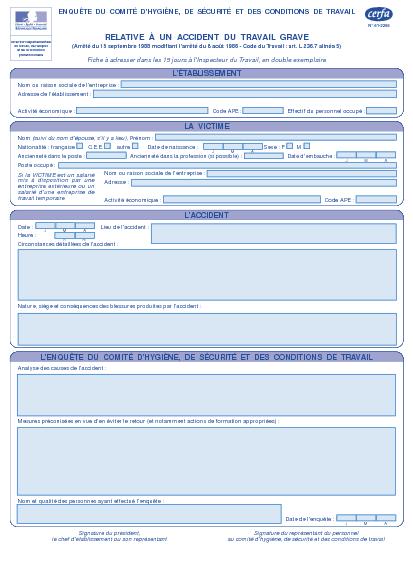 Aperçu Formulaire Cerfa No 12758-01 : Enquête du comité d'hygiène, de sécurité et des conditions de travail relative à un accident du travail grave
